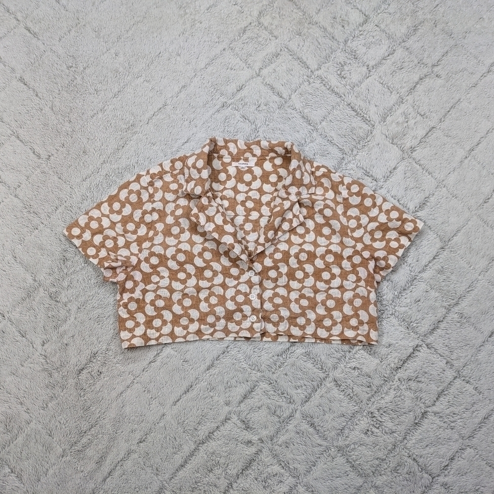 Tularosa Top Women's S Tan Mocha Geo Floral Print Karuna Crop Collar Button Up